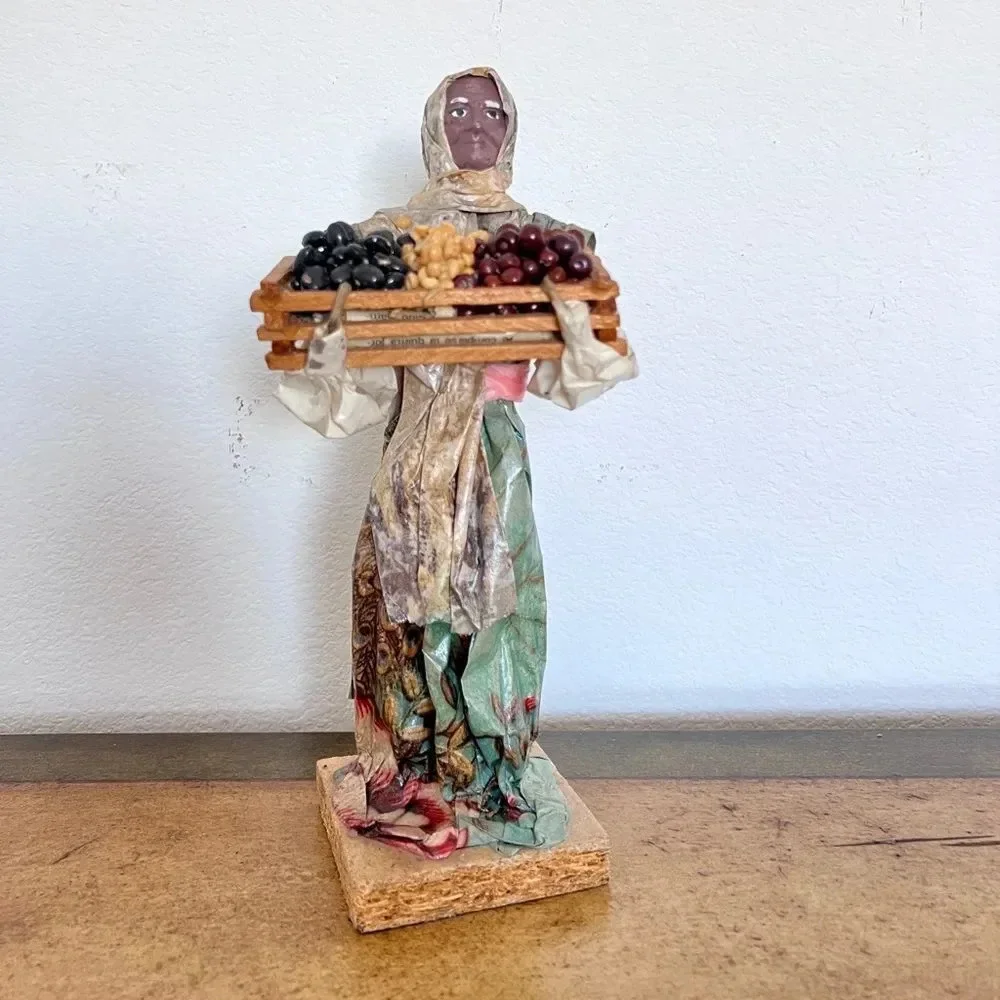 Paper Mache Old Woman Carrying‎ Beans in a Basket Crate Folk Art Figure size 12”